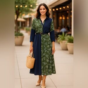 Pamela Love Floral Colorblock Midi Dress in Green and Navy — EUC XS #2062